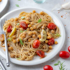 Spaghetti semi-complètes, pois chiches rôtis au romarin et tomates cerises confites - Mon Quotidien Autrement - © E. Montuclard