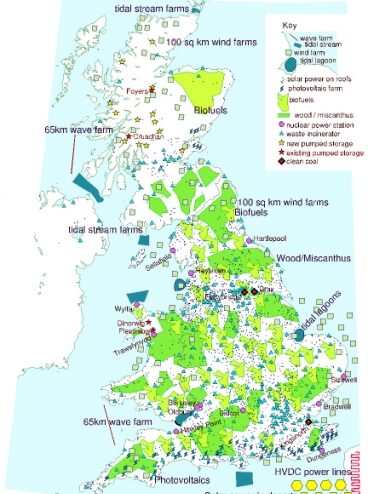 Carte prospective du Royaume-Uni en 2050 avec des énergies entièrement renouvelables. ©David Mackay