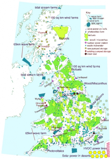 Carte prospective du Royaume-Uni en 2050 avec des énergies entièrement renouvelables. ©David Mackay