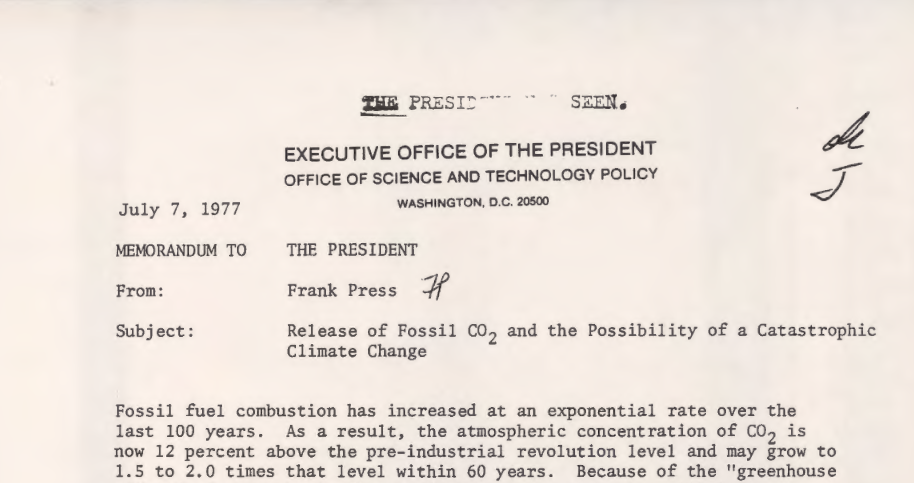 Dès 1977, le président américain Jimmy Carter était alerté sur la crise climatique à venir © Guardian Media Group / document déclassifié