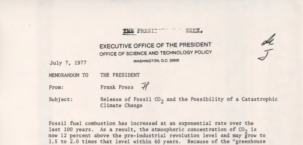 Dès 1977, le président américain Jimmy Carter était alerté sur la crise climatique à venir © Guardian Media Group / document déclassifié