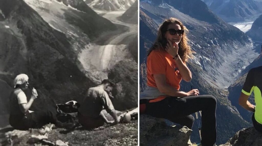Au Lac blanc, en face de la mer de glace, à Chamonix – à gauche les grands-parents de Valérie Paumier en juillet 1936, à droite Valérie Paumier en juillet 2017 © DR