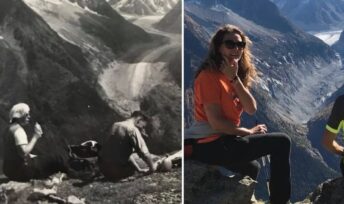 Au Lac blanc, en face de la mer de glace, à Chamonix – à gauche les grands-parents de Valérie Paumier en juillet 1936, à droite Valérie Paumier en juillet 2017 © DR