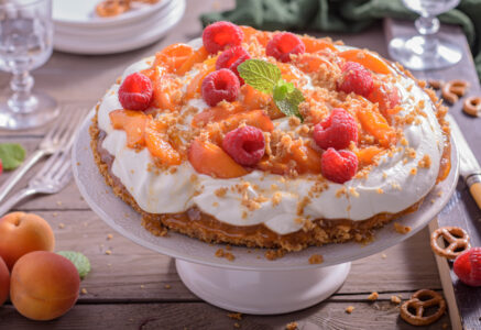 Tarte aux bretzels, abricots et framboises