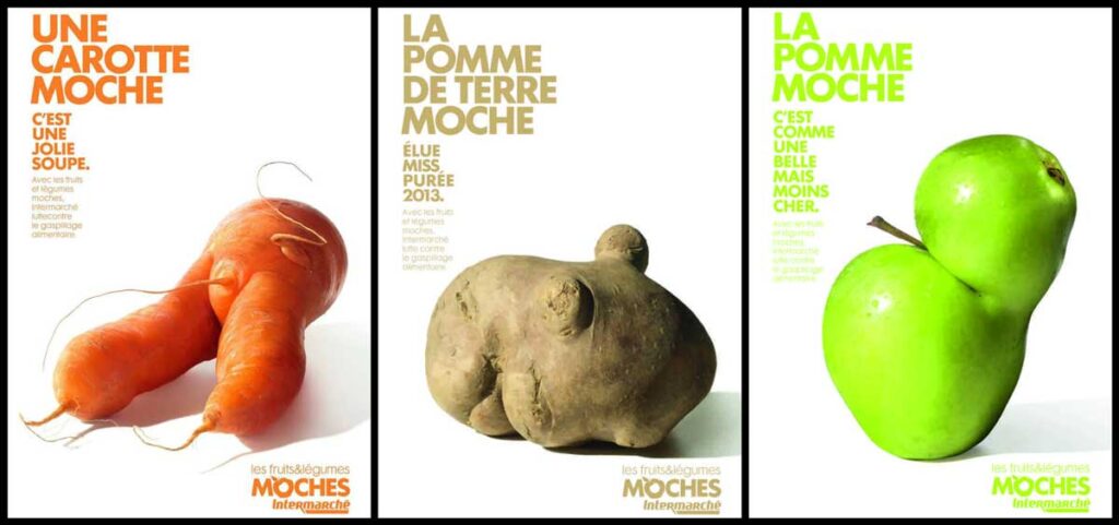 Il y a une dizaine d'année, les légumes moches avaient été vantés dans des campagnes de communication. Crédits campagne communication Intermarché